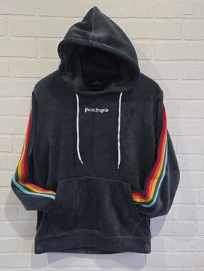 Palm Angels Grey Hoodie with Rainbow Sleeve Stripes